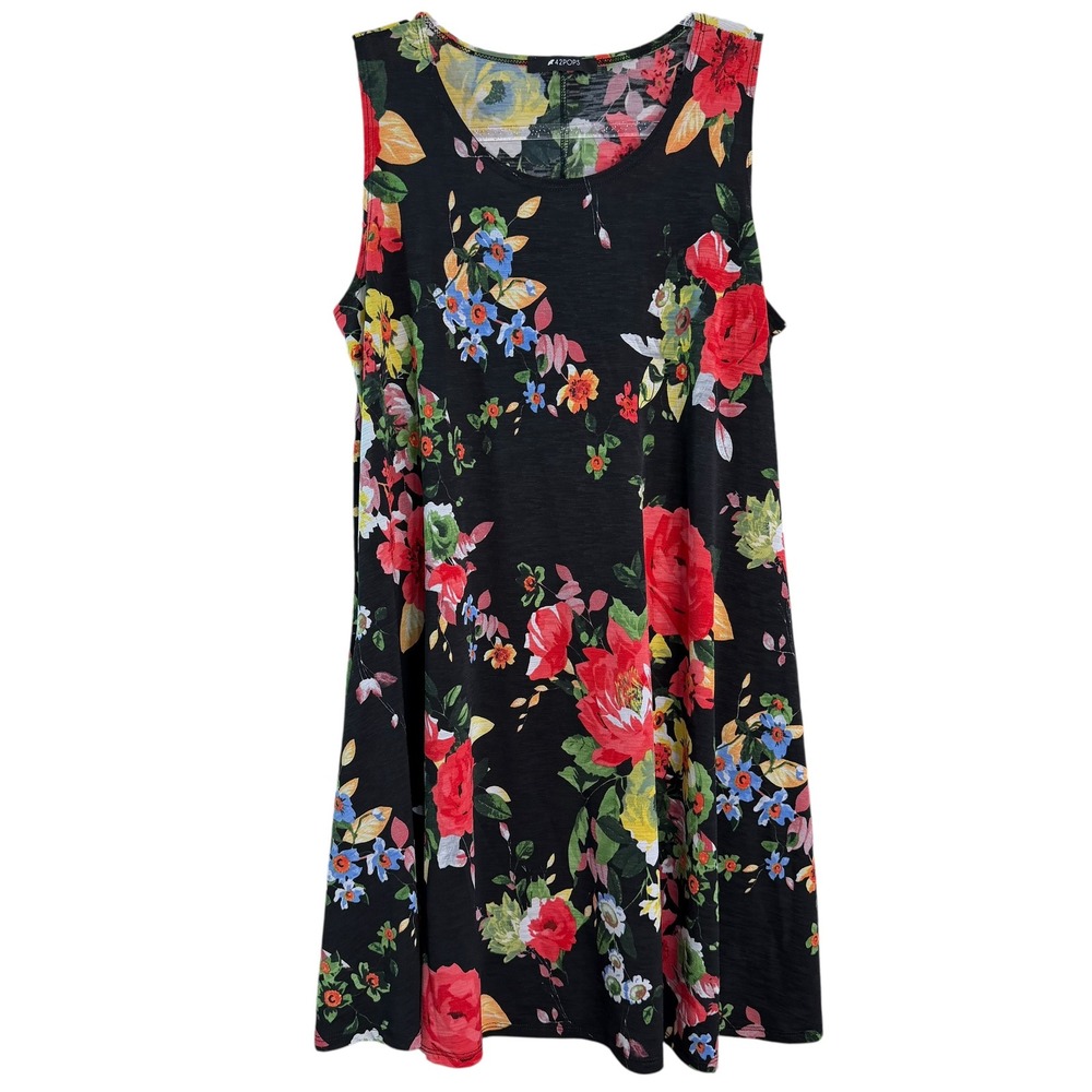 42POPS Womens Black Floral Sleeveless Mini Swing Dress Multi Color Print